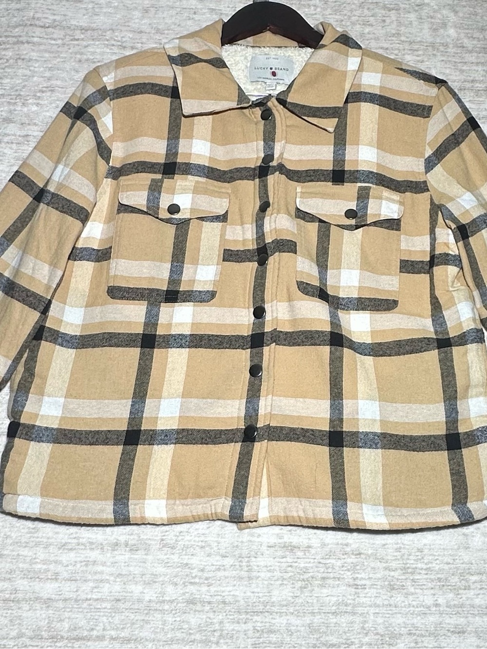 Lucky Brand Tan, Black & White Plaid Button-Front Fleece Jacket